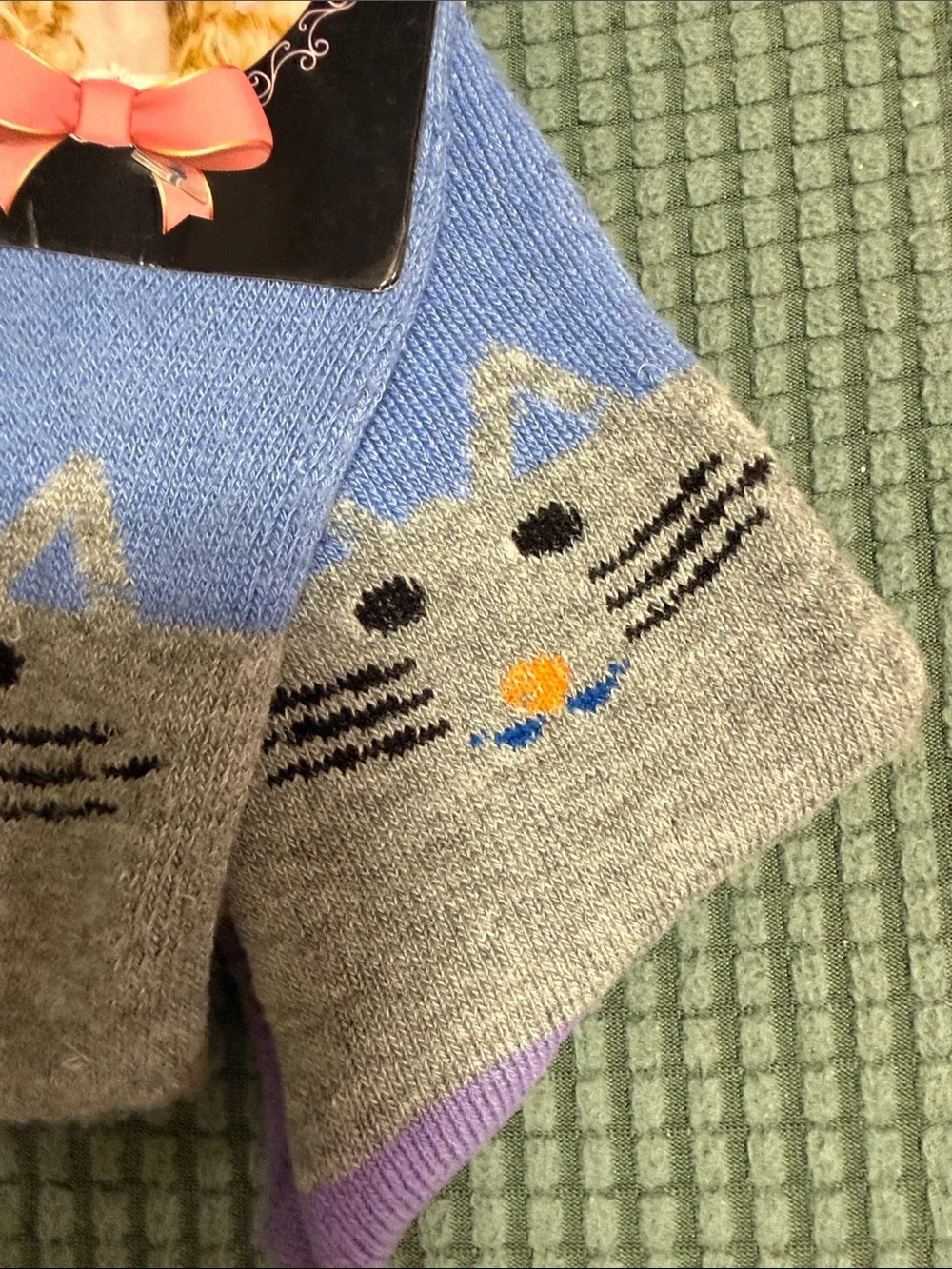 Source Unknown Blue and Gray Cat Face Cotton Socks